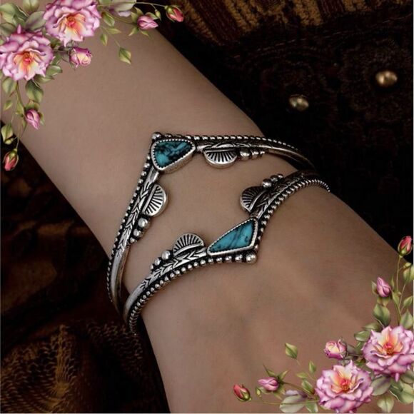 Natural Blue Turquoise Stone Decor Western Metal Cuff Bangle Bracelet - Picture 13 of 13